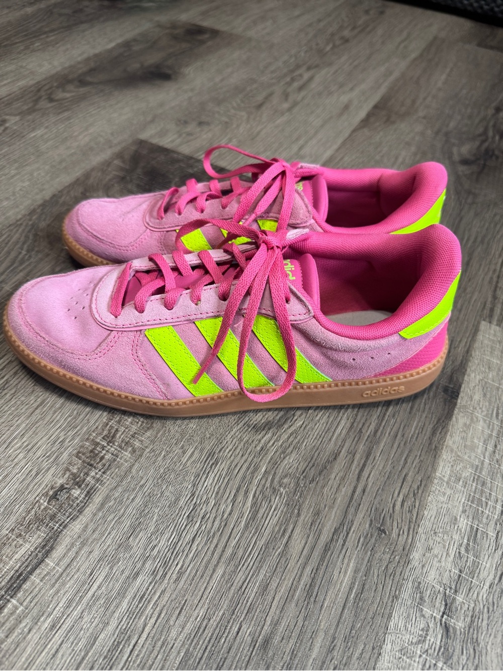adidas Pink Suede Sneakers with Neon Yellow Stripes